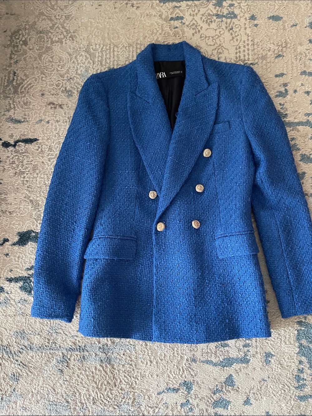 Zara Cobalt Blue Double-Breasted Textured Blazer